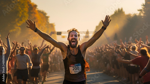 Victorious marathon runner crossing the finish line, breaking the tape, exuberant joy