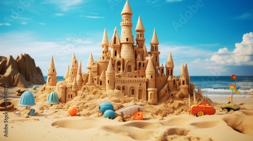 sandcastle made by children with jumps on a summer beach, toys around, copy space, 16:9