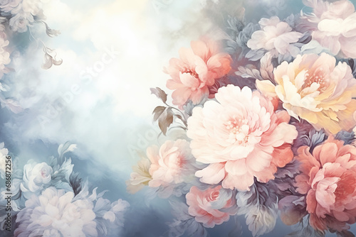 dusty muted and light painting of a rococo flower bouquet background
