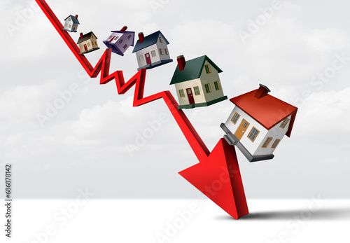Falling House Prices and Home prices fall and Real Estate decline or Home price reduction and housing devalued market and mortgage Subprime lending financial turbulence and house debt crisis as an eco