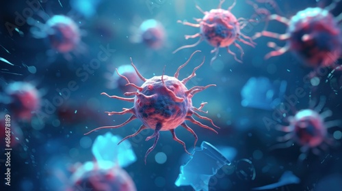 Cancer cells that cause tumors in human body. Macro view. Oncology. Terrible disease of humanity. Science, medicine and immunology concept. Medical background. Viruses and bacteria under microscope.