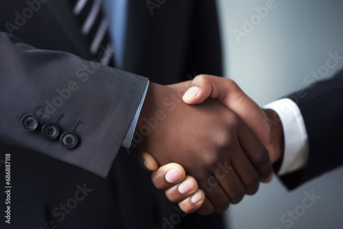Professional agreement: A photo featuring the hands of two African American business individuals firmly clasped in a handshake