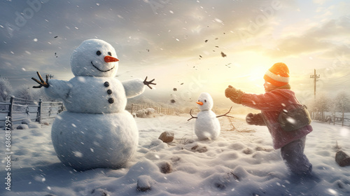 Snowman and snowball fight in a snowy field