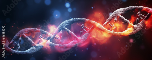3D damaged DNA microenvironment with flu, fever, covid virus, cancer cells, molecules. Broken RNA. Biohazard, health research, oncology, cure concept background. Copy space, blue and pink