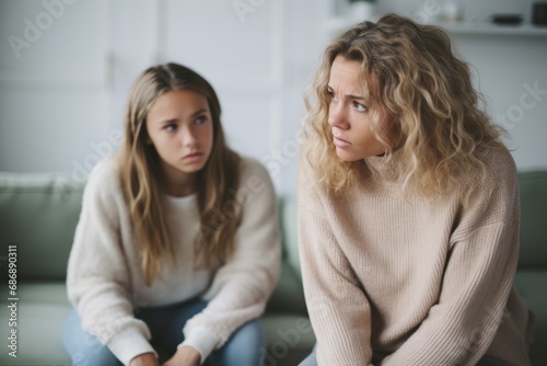 Teen girl and middle aged woman quarrel at home, daughter and mother argument, teenage problems, family conflict concept