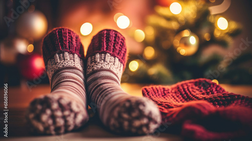 Socks and cocoa: Close-up of a woman's feet in woollen socks beside the festive Christmas fire.