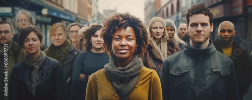 Group of people standing in the street with focus on woman looking at camera. AI generated.