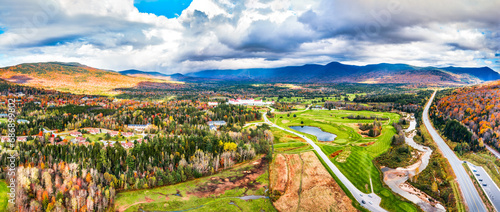 Aerial panorama of Presidential Range covered in clouds, in Bretton Woods, White Mountain National Forest, New Hampshire, along highway 302.