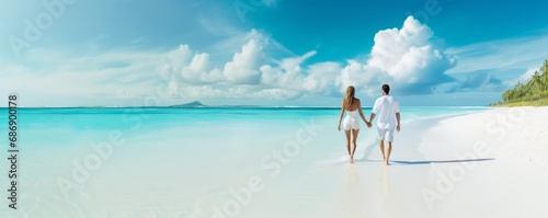 Couple walking on white sand beach on paradise island. AI generated.