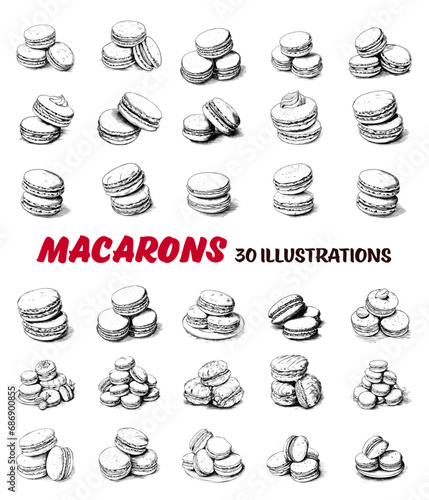 Collection of drawn macarons. Sketch illustration