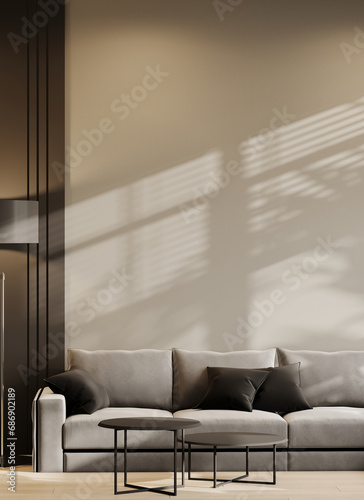 Luxury living room in ivory tan taupe color. Brown and beige accents of the interior design room. Mockup empty painting wall. Large gray sofa in lounge area office or home, hotel. 3d rendering 