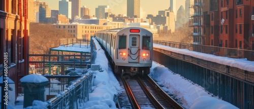  city subway train emerging from a snowy underground station, with bustling city life and snow-clad streets in the background, in an urban winter commute 