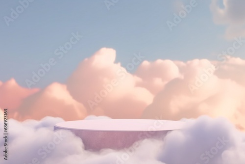Stone podium tabletop floor in outdoor on sky pink gold pastel soft cloud blurred background.Beauty cosmetic product placement pedestal present promotion stand display. generative ai.
