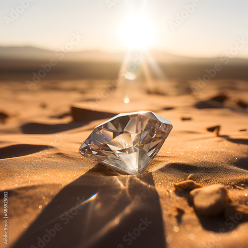 A Diamond on sand in the desert. A Diamond in the rough concept. 