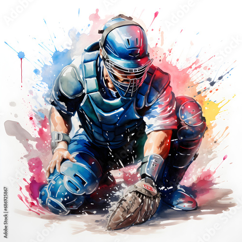 Baseball catcher colorful watercolor painting