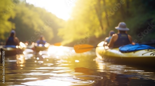  group of kayakers paddling down a tranquil river on a mild spring afternoon, with the focus on the kayaks and the blurred river scenery, portraying the serenity of kayaking in spring