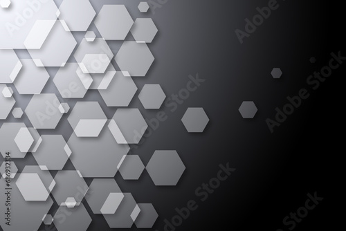 geometric hexagons pattern, gradients, overlapping hexagonal and shadows with glowing. black background
