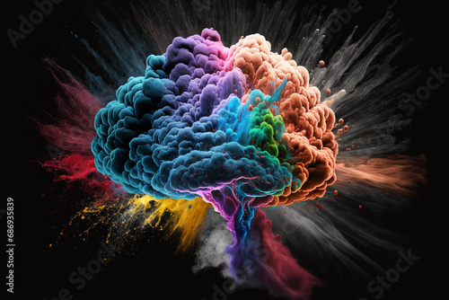 Creativity concept with colorful exploding brain storm, particles