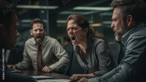 A businesswoman at a meeting is passionately expressing a point, mouth open wide, and colleagues reacting with intensity, for services in conflict resolution, team building, leadership training