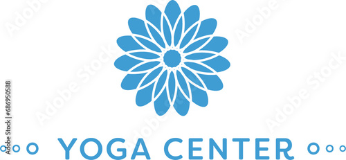 Digital png illustration of blue flower with yoga center text on transparent background