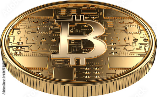Digital png illustration of golden coin wirh bitcoin symbol on transparent background