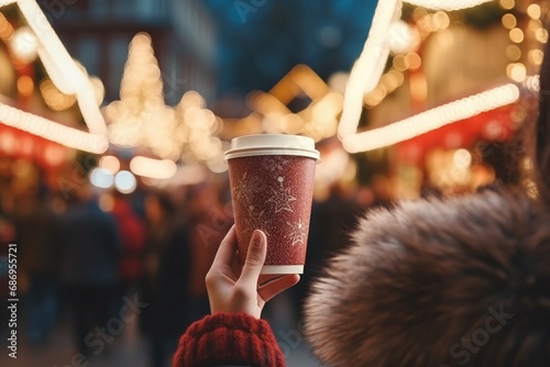 A young woman with a cup of hot drink at a Christmas fair, a cup of coffee in hand, a cup of coffee, woman with a cup of coffee 