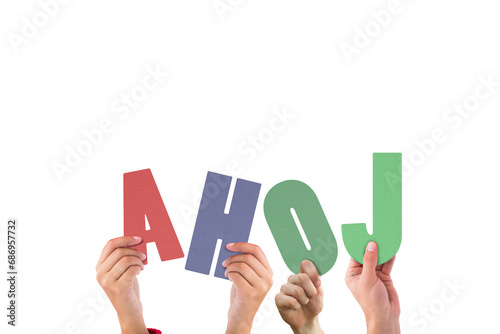 Digital png illustration of hands with ahoj text on transparent background