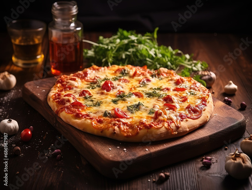 Homemade pizza on wooden board, Heart shaped Pizza, St Valentin's Day celebration. Generative Ai