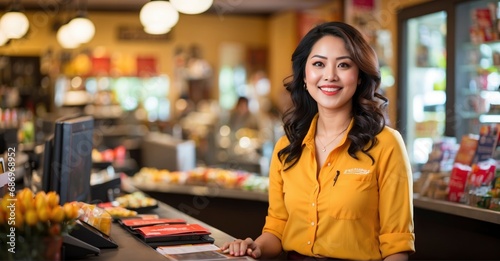 Sunny and affable cashier, a vibrant and cheery saleswoman committed to delivering exceptional service with warmth and approachability