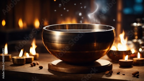 "Metal Singing Bowl and Wooden Mallet: Studio Photography