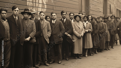 Black and white photo of people waiting in line to immigrate in the early 1900s