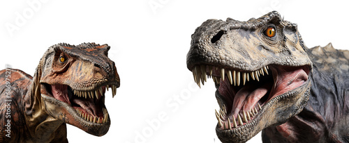 close up portrait of t rex dinosaur with roaring expression, isolated on transparent background, generative ai