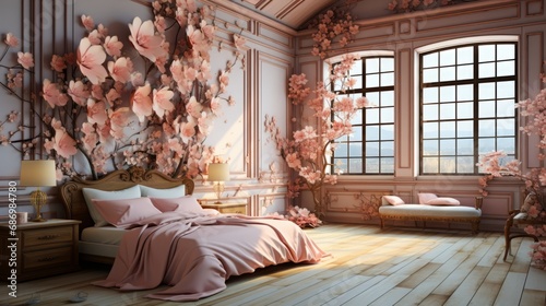 cozy funky luxurious interior design of a spacious bedroom with king size bed, colorful walls and textiles, many flowers, bright botanical decorative elements and paintings. ethno-inspired style