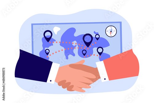 Representatives of airline industry shaking hands vector illustration. Map with destination points and compass on background. New air transport agreements, strengthening tourism market