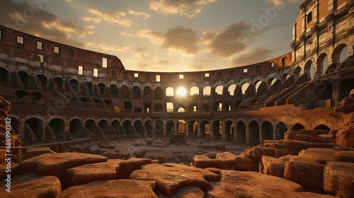 Photograph the iconic grandeur of the Colosseum, its imposing structure echoing the gladiatorial battles and public spectacles