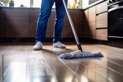 Close up low angle view of a man cleaning the floor with a mop in the kitchen