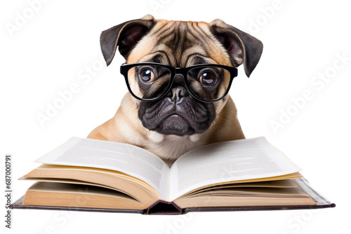 surprised dog with glasses read opened book on transparent background