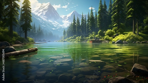 a serene mountain lake surrounded by lush forests, with a solitary trout leaping gracefully out of the water under the warm afternoon sun.
