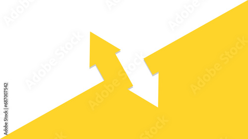 Image divided in two diagonally, with two arrows pointing in opposite directions. Yellow and white background. 