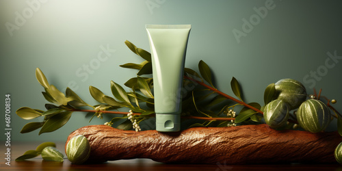 Cosmetic cream tube packaging on wooden platform and flower branch. Beauty and skincare concept, mockup for design.