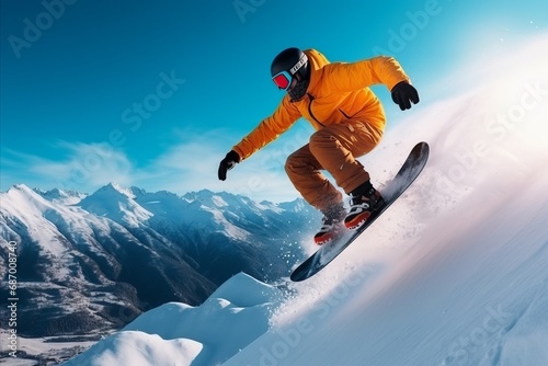 Snowboarder jumping in high mountains. Extreme snowboard sport.