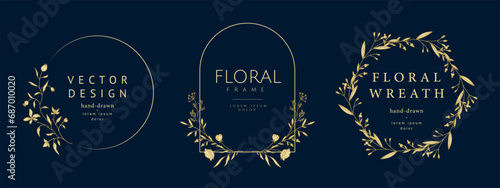 Luxury hand drawn floral frames. Elegant vintage wreath set. Vector illustration for label, corporate identity, logo, branding, wedding invitation, greeting card, save the date