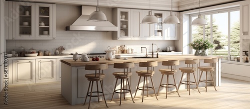 Modern kitchen interior in luxury home. Cream design and wooden floor. Luxury style kitchen set