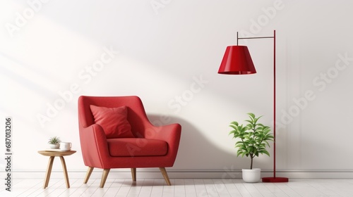 Modern living room with red armchair and electric lamp Scandinavian interior design