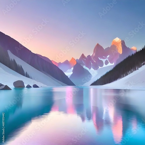 山の途中にある湖のリフレクションによる美しい風景
