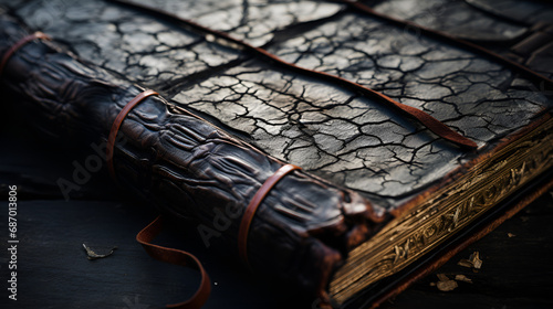 An Old Book: A detailed and textured close-up shot of the pages of an old, worn-out book., Dark grey black slate background, Ai Generated Image, Black lacquer shoes, bow tie and cufflink on the chai