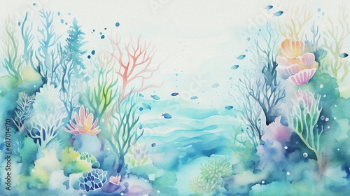 abstract watercolor underwater with coral plant and fish for background template