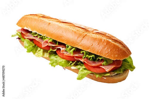 Fresh baguette sandwich with ham, tomato, lettuce on white background 