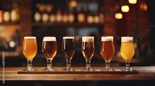 Various types of craft beer in glasses resting on a wooden bar. Pour beer into a row of pint glasses. Five cups of various draught beers in closeup in a pub