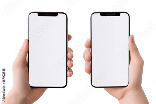 child hands hold blank screen mobile phones on transparent backgorund